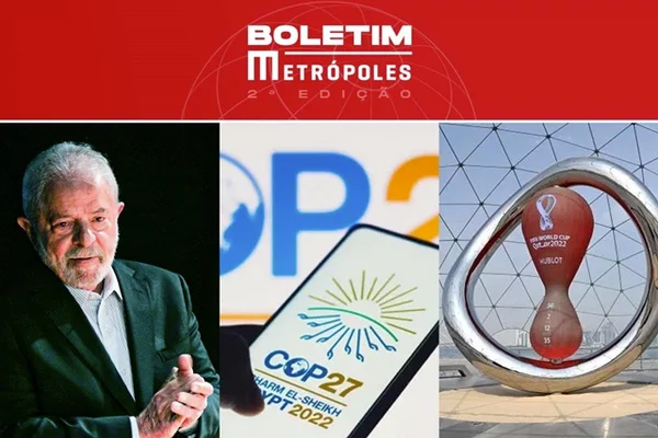 Imagem colorida com fotos de Lula, cop27 e copa do mundo, destaques do Boletim Metrópoles de 18/11/2022