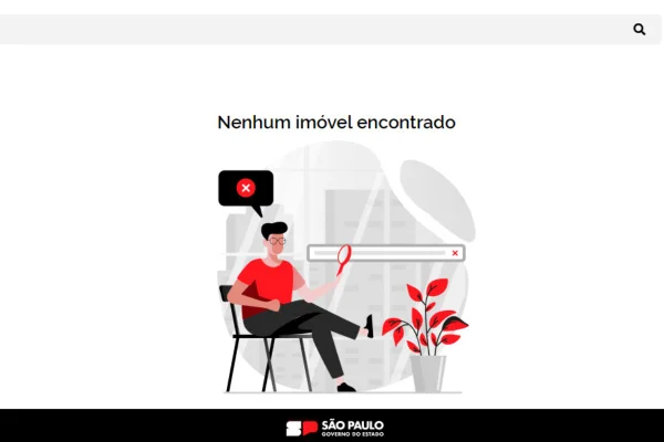 imagem colorida mostra print de site do governo destinado à venda de imovéis. na tela aparece o desenho de uma pessoa sentada ao lado de um vaso de planta e a frase "nenhum imóvel encontrado" - metrópoles