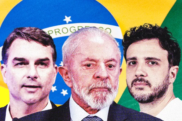 Imagem colorida mostra ilustração com Lula, Flávio Bolsonaro e Renan Santos - Metrópoles