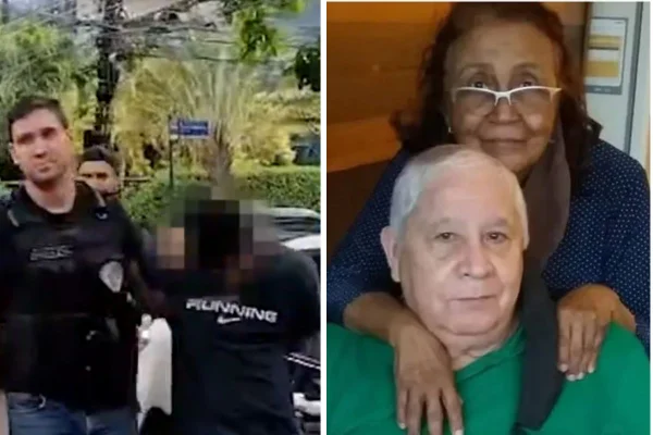 Montage com fotos coloridas do momento da prisão de Luiz Carlos Custódio Ferreira, principal suspeito de matar casal de idosos, e Selma Muniz Santos, de 76 anos, e Antônio Sidney Rocha Santos, de 68 anos - Metrópoles