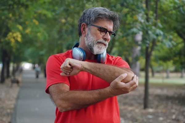Foto colorida de homem com blusa vermelha e pegando no ombros - Metrópoles