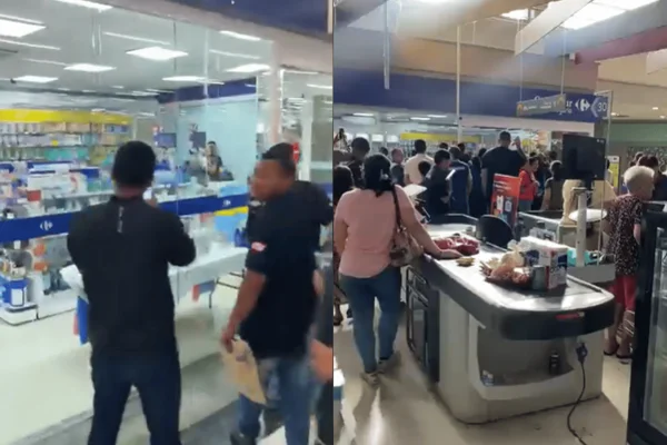 Imagem colorida de supermercado onde ocorre assalto com refém; pm foi acionada - Metrópoles
