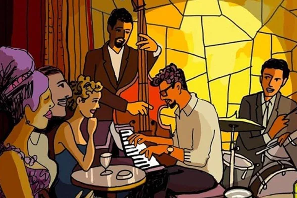 desenho colorido de pianista e outros músicos tocando em restaurante - metrópoles