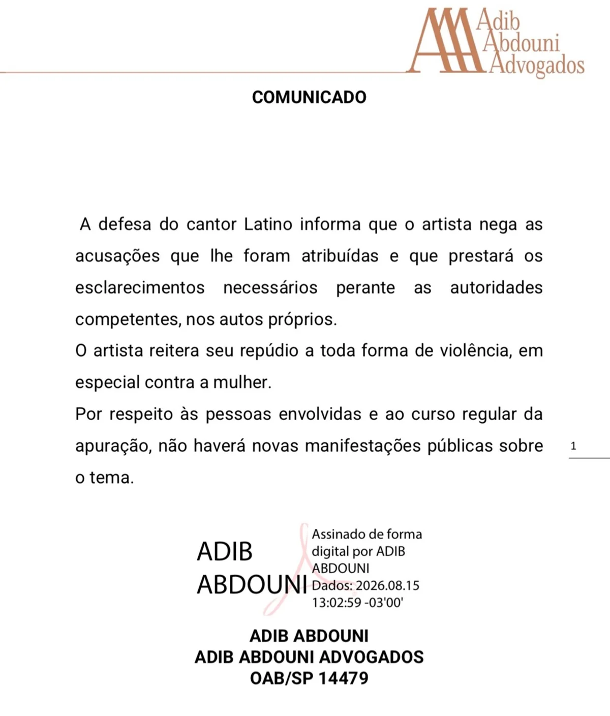 Defesa de Latino reage após Raffa Rarbbie, sua ex-mulher, acusá-lo de agressão
Defesa de Latino reage após Raffa Rarbbie, sua ex-mulher, acusá-lo de agressão