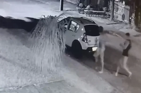 Print do vídeo em que um personal trainer ataca um morador de rua que estava tendo relações sexuais com a esposa do profissional dentro de um carro
