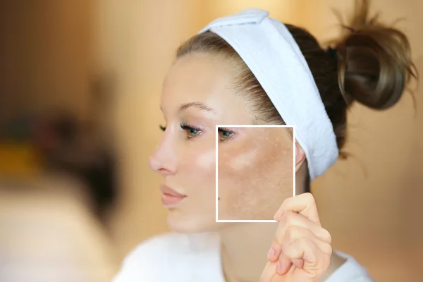 Foto colorida de mulher branca, com cabelo castanho, faixa no cabelo e uma foto em frente a bochecha (melasma) - Metrópoles
