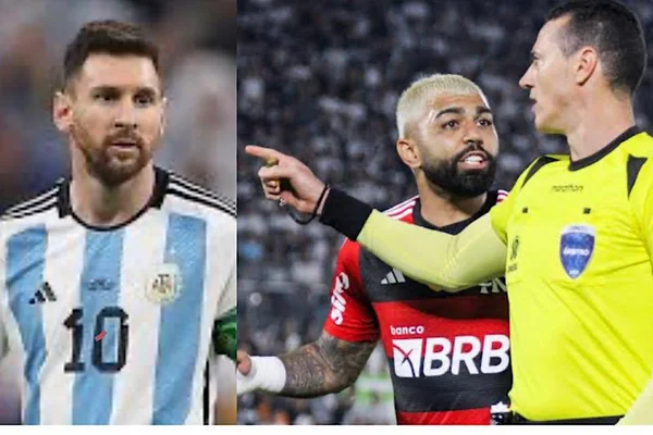 Messi, com a camisa da Argentina, e Gabigol, do Flamengo, discute com o árbitro