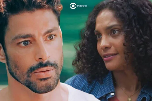 Montagem colorida de Caio (Cauã Reymond) e Aline (Barbara Reis), personagens da novela Terra e Paixão - Metrópoles