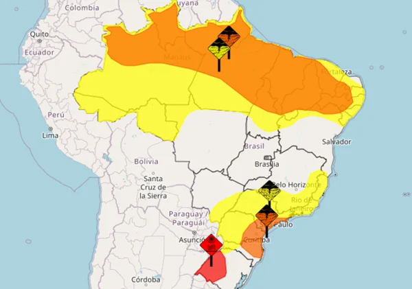 Inmet emite alertas de chuva intensa em diversas regiões do país e onda de calor para o Rio Grande do Sul