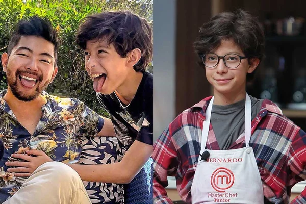O ator Daniel Uemura e o filho, Bernardo, participante do MasterChef Júnior - Metrópoles