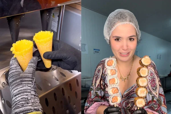 montagem que mostra cones de cuscuz saindo da máquina e mulher segurando dois espetos de sushi