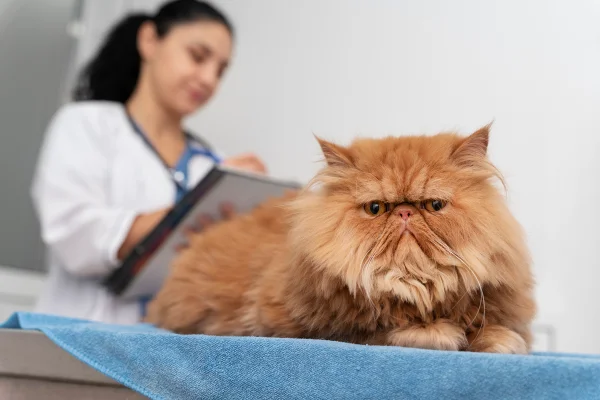 Gato laranja na mesa do veterinário