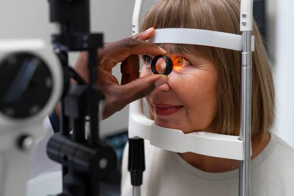 Imagem colorida de uma mulher fazendo exame ocular - Metrópoles
