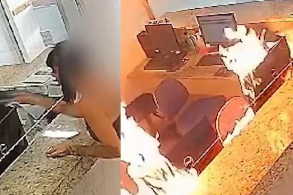 imagem colorida de mulher joga fogo em recepção de hospital em minas gerais