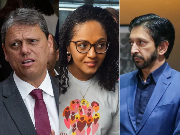 Montagem colorida mostra o rosto de Tarcísio de Freitas, Sonaira Fernandes e Ricardo Nunes - Metrópoles