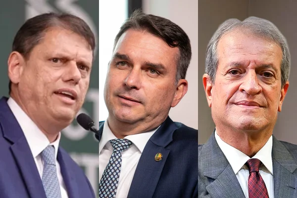 Montagem com imagens de Tarcísio de Freitas, Flávio Bolsonaro e Valdemar Costa Neto