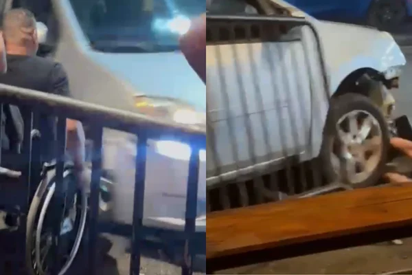 Imagem colorida de carro avançando sobre cadeirante e atropelando mulheres. Metrópoles