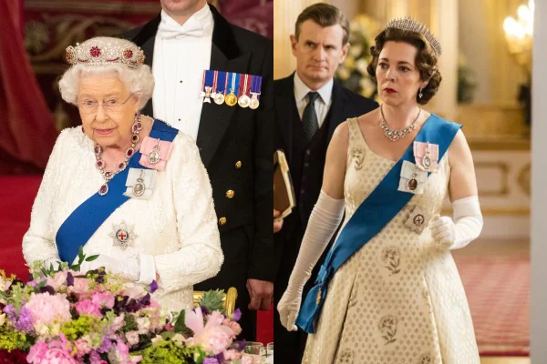 Foto colorida. Rainha Elizabeth e The Crown