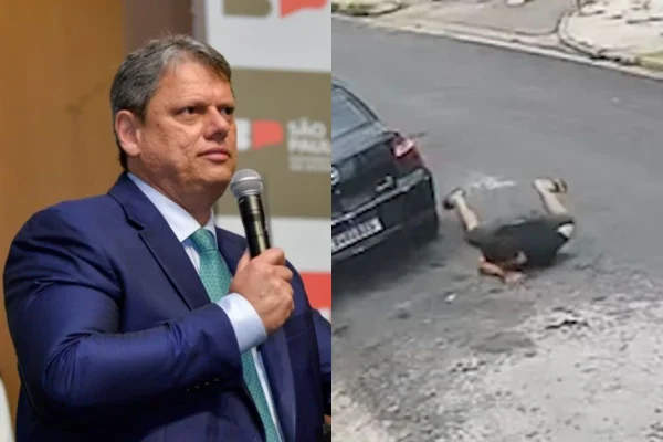 Montagem colorida com governador Tarcísio de Freitas à esquerda e homem baleado à direita