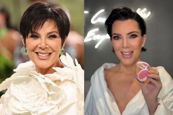 Montagem de duas imagens coloridas do antes e depois da Kris Jenner