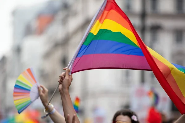 Pessoas levantando bandeiras e objetos com cores arco-íris, símbolo LGBTQ+, em manifestação de rua - Metrópoles