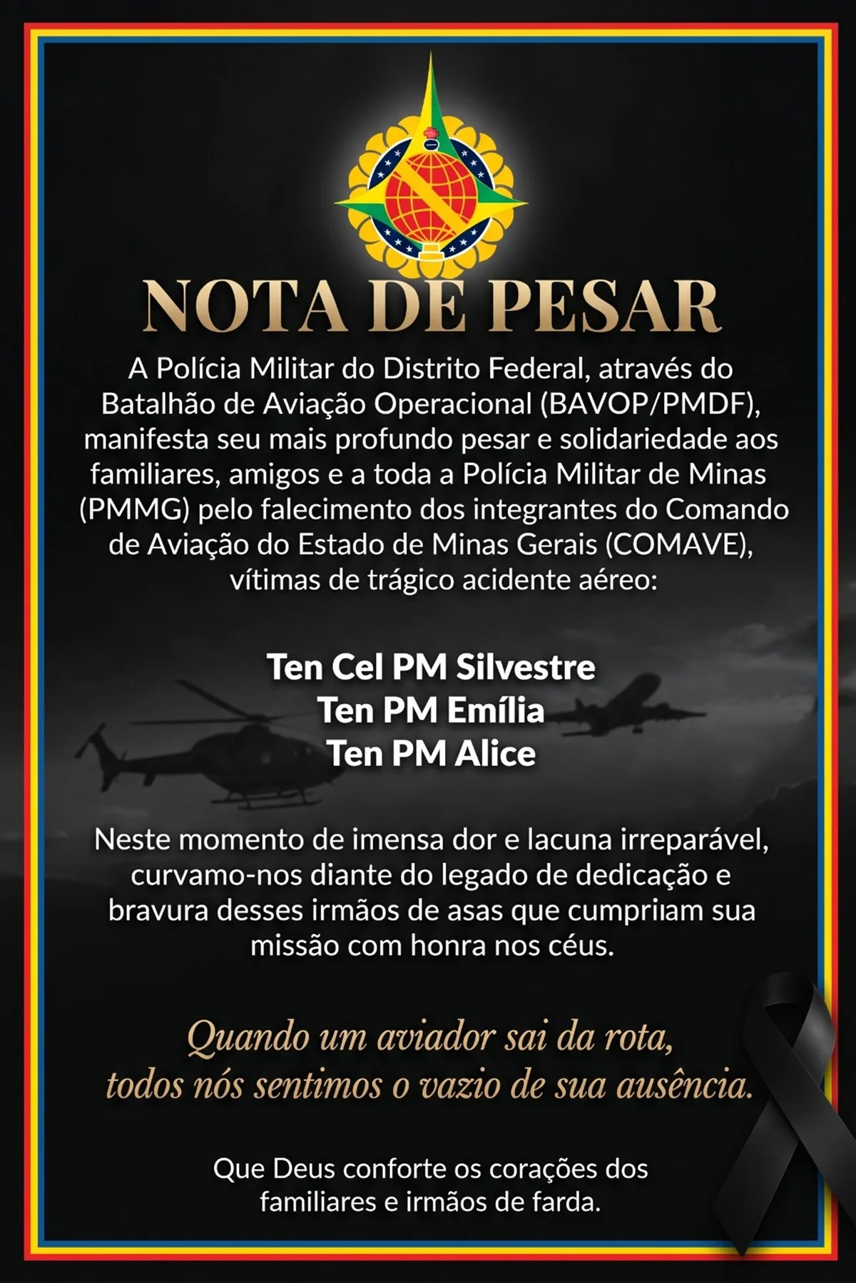 Militares do DF lamentam morte de PMs em queda de avião em MG: “Imensa dor” - imagem 2 Militares do DF lamentam morte de PMs em queda de avião em MG: “Imensa dor” - imagem 2