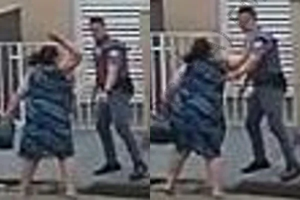 Imagem colorida de stalker dando um tapa no rosto de um PM