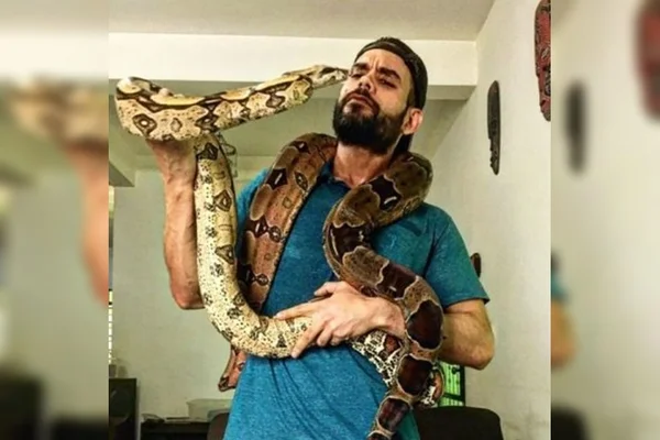 Dois amigos viralizam ao passear com jiboia de 3 metros em shopping