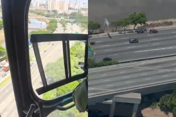 Imagem colorida de montagem com imagens áereas de perseguição. Metrópoles