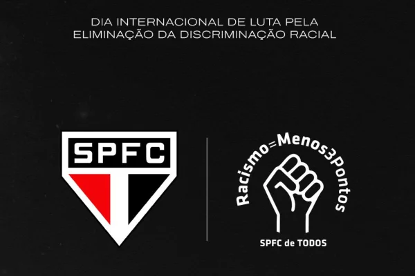Imagem colorida de emblema do São Paulo na luta contra o racismo- Metrópoles