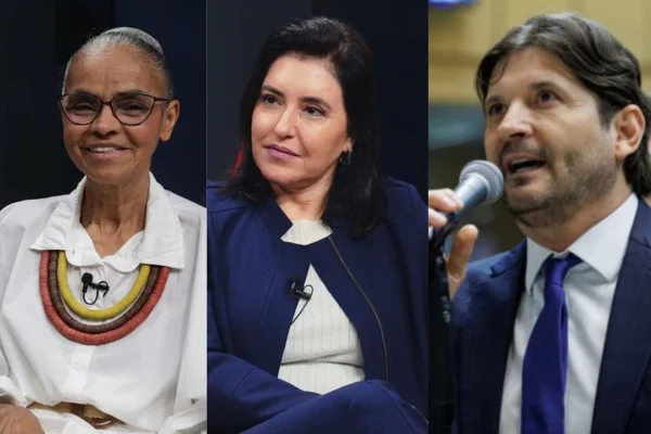 imagem colorida de marina silva, simone tebet e andré do prado, candidato ao senado por são paulo