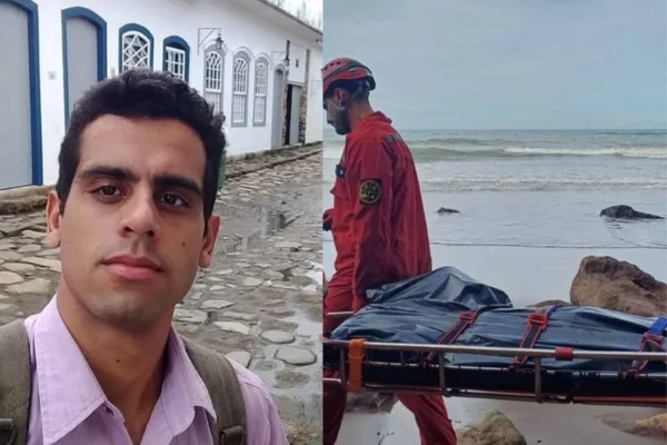 Imagem colorida de montagem com um homem brasileiro e o corpo dele encontrado em uma praia da Argentina. Metrópoles