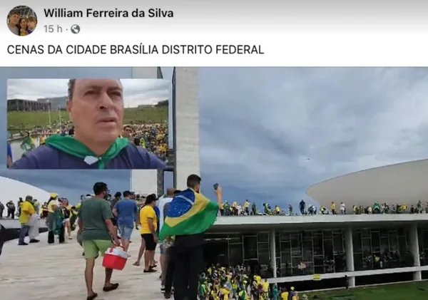 Postagem no Facebook de William Ferreira, conhecido como "Homem do Tempo", preso na Operação Lesa Pátria pela Polícia Federal. Ele aparece em manifestação antidemocrática em momento que Congresso é invadido - Metrópoles