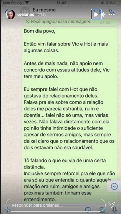 A decisão ocorre após ex-namorada revelar abusos de Hot em relacionamento A decisão ocorre após ex-namorada revelar abusos de Hot em relacionamento