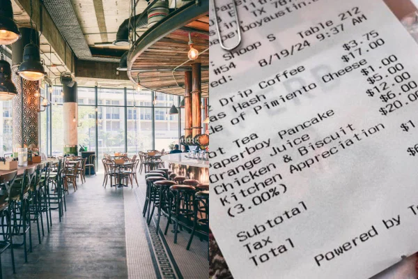 Foto colorida de uma conta de restaurante e um estabelecimento - Metrópoles