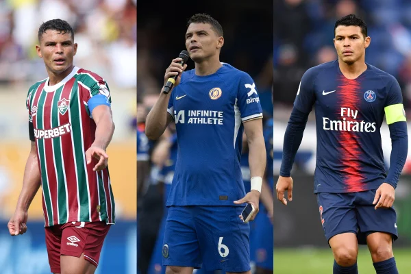 Foto colorida de Thiago Silva, com camisa de Chelsea, Fluminense e PSG - metrópoles