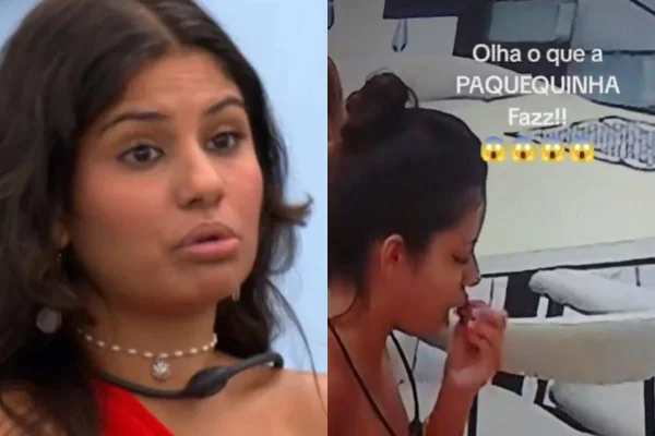 Montagem de Gabriela BBB 26 comendo carne crua