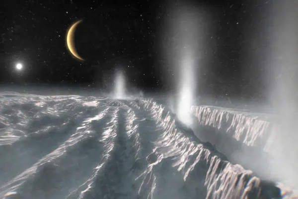 Esta impressão artística retrata jatos térmicos saindo pela superfície gelada da região polar sul da lua Encélado, de Saturno