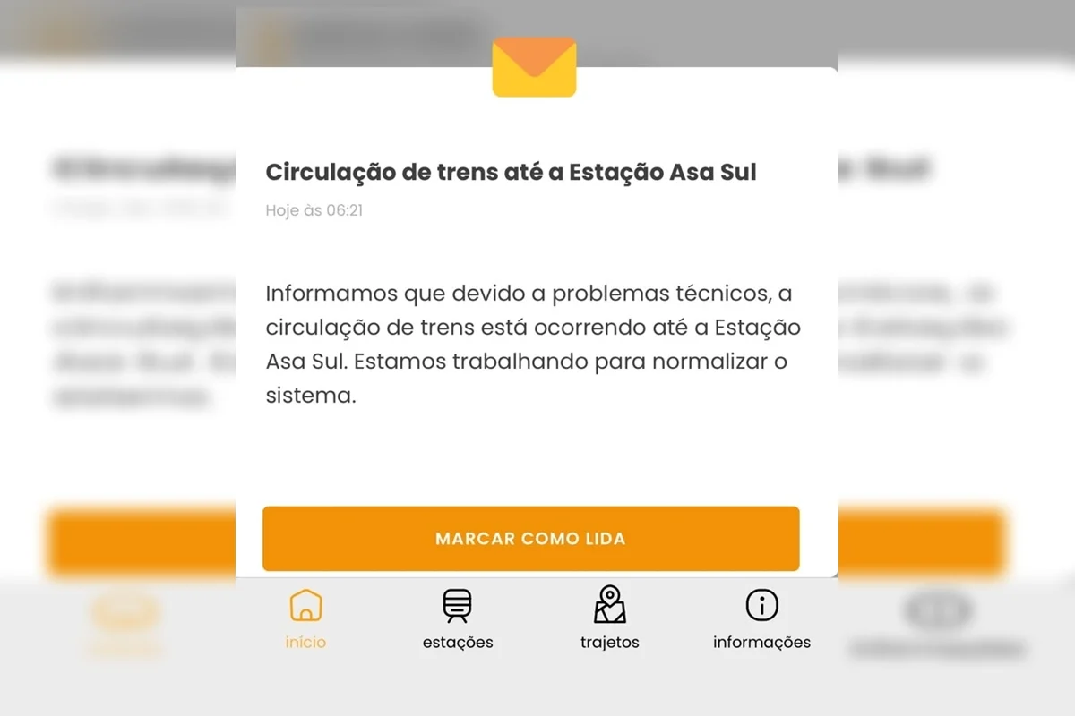 Falha técnica faz Metrô-DF operar só até a estação Asa Sul Falha técnica faz Metrô-DF operar só até a estação Asa Sul