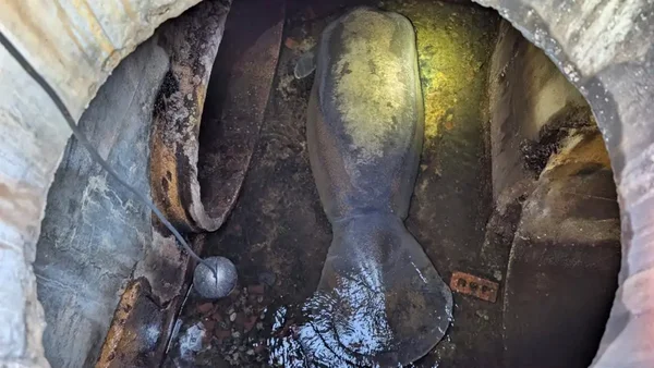 Foto colorida de peixe-boi dentro de bueiro