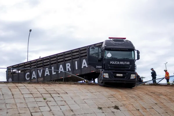 Caminhão da cavalaria da PMDF derrapa e colide com cerca em via no DF