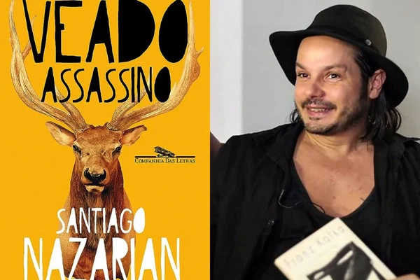 Imagem dividida do livro Veado Assassino, capa amarela, veado; e do escritor Santiago Nazarian