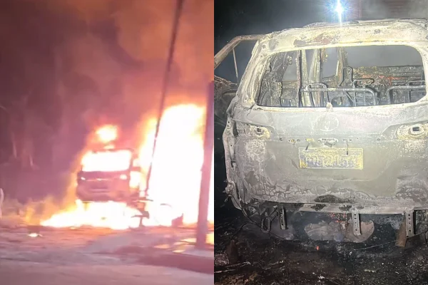 Imagem colorida de montagem com um carro pegando fogo na esquerda e na direita o carro já incendiado. Metrópoles