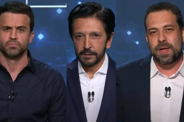 Ricardo Nunes (MDB), Guilherme Boulos (PSol) e Pablo Marçal (PRTB) em debate da Band