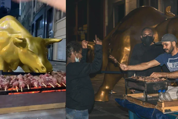 ONG faz churrasquinho de protesto no Touro de Ouro na Bolsa de Valores
