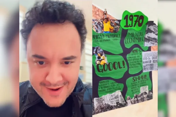 Imagem colorida de humorista ridicularizando alunos em SP. Metrópoles