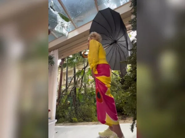 Imagem colorida mostra a apresentadora Ana Maria Braga e o telhado de sua casa, que foi destruído pela queda de um galho de árvore após a forte chuva que atingiu São Paulo nesta segunda-feira - Metrópoles