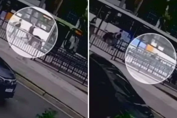 Montagem com fotos coloridas de momento que mulher é atropelada por ônibus - Metrópoles