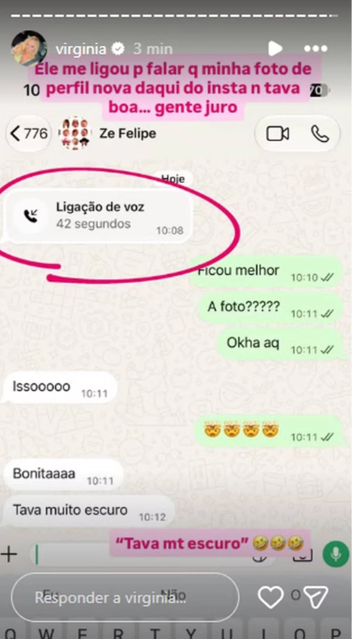 Print exposto por Virginia de conversa com Zé Felipe Print exposto por Virginia de conversa com Zé Felipe