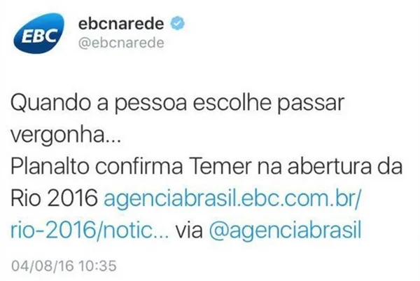 EBC posta tweet ironizando Temer e depois se desculpa